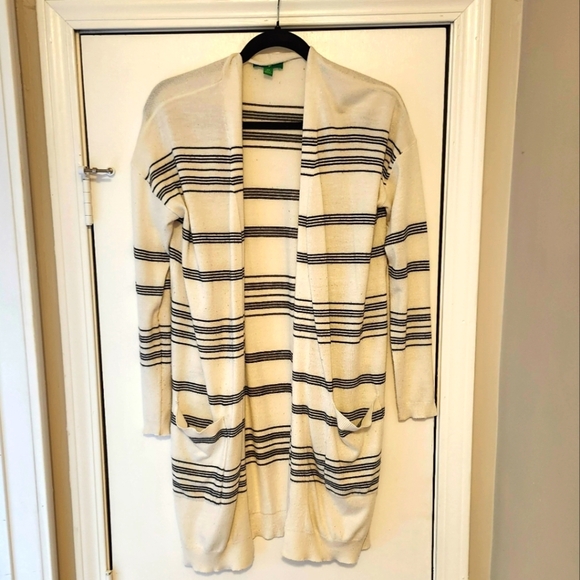 White and Black Striped Womens Cardigan with Pockets - Picture 2 of 3